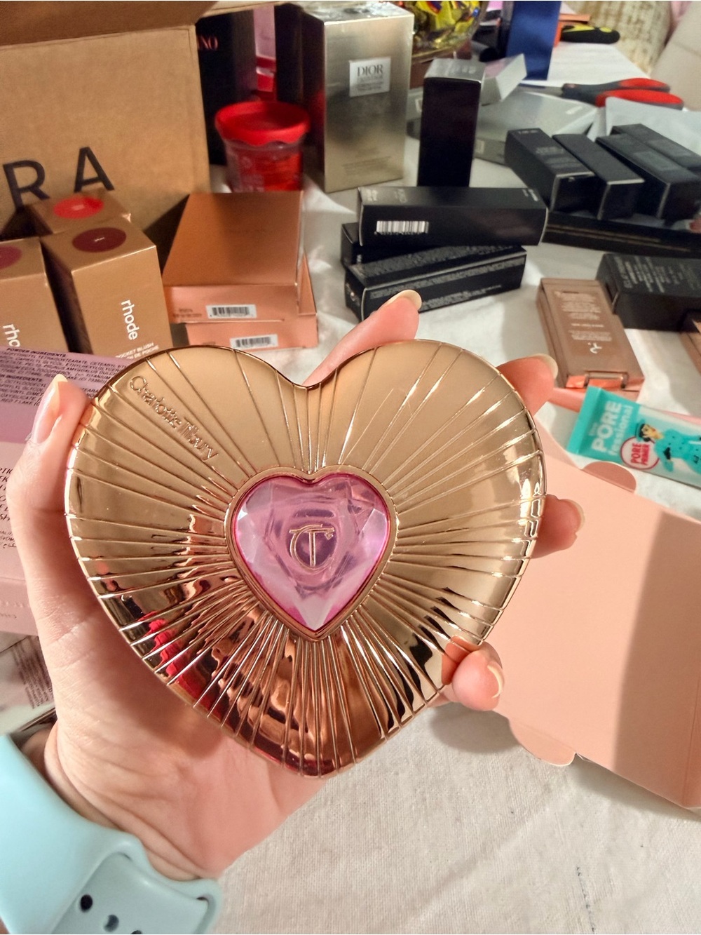 Charlotte Tilbury Rose Gold Heart-Shaped Cosmetic Compact with Pink Center